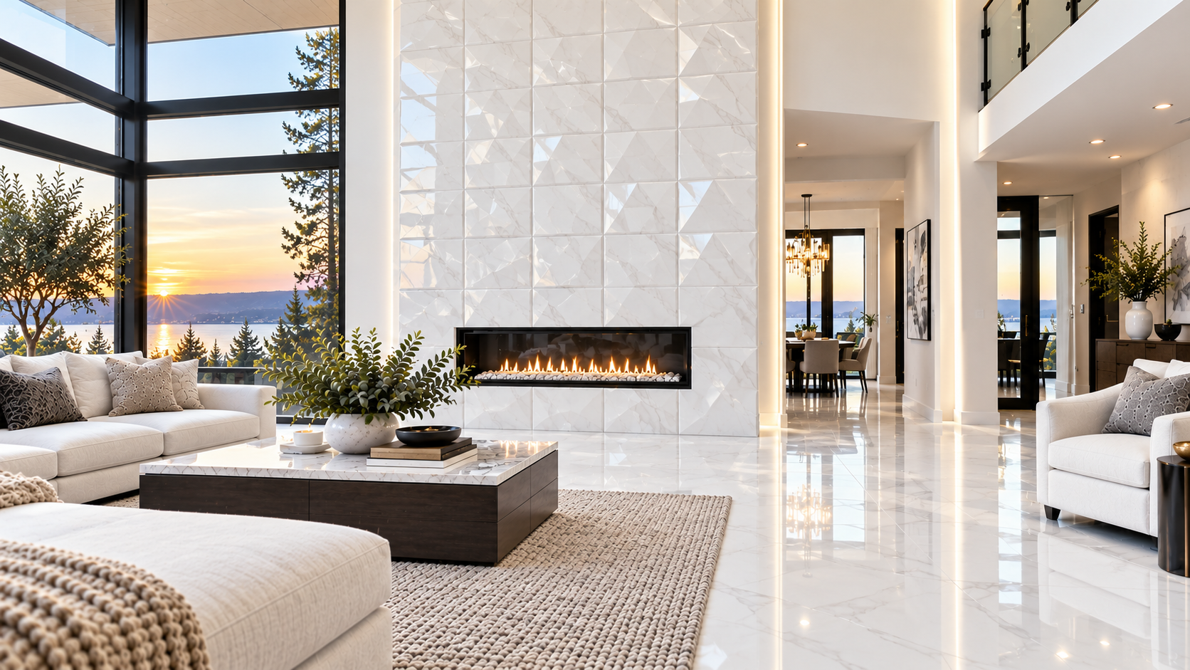 Glossy white geometric tile fireplace feature wall and tile floor installed by ARA Flooring